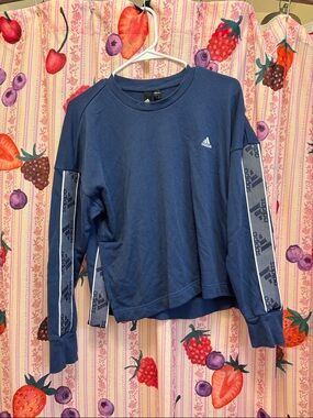 adidas Navy Blue Logo Crew Sweatshirt with Branded Sleeve Tape